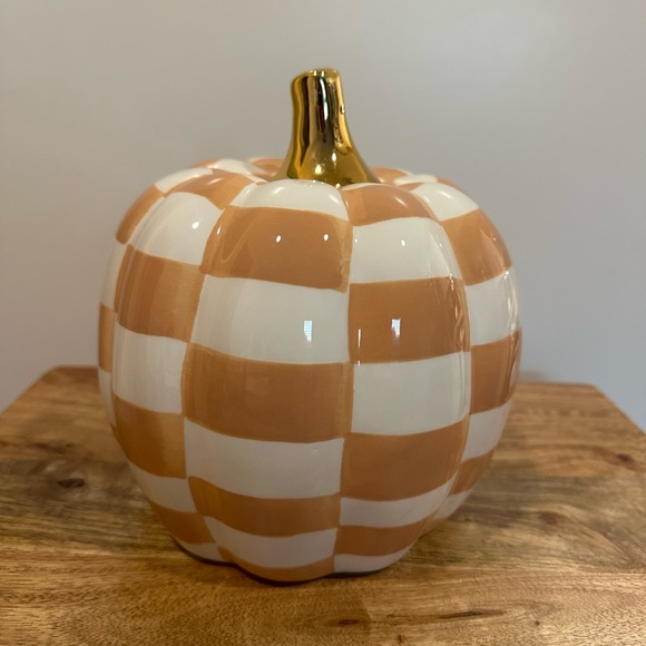 unbranded Other - CHECKERED Orange & White ceramic Pumpkin W Gold Stem MacKenzie-Childs Inspired